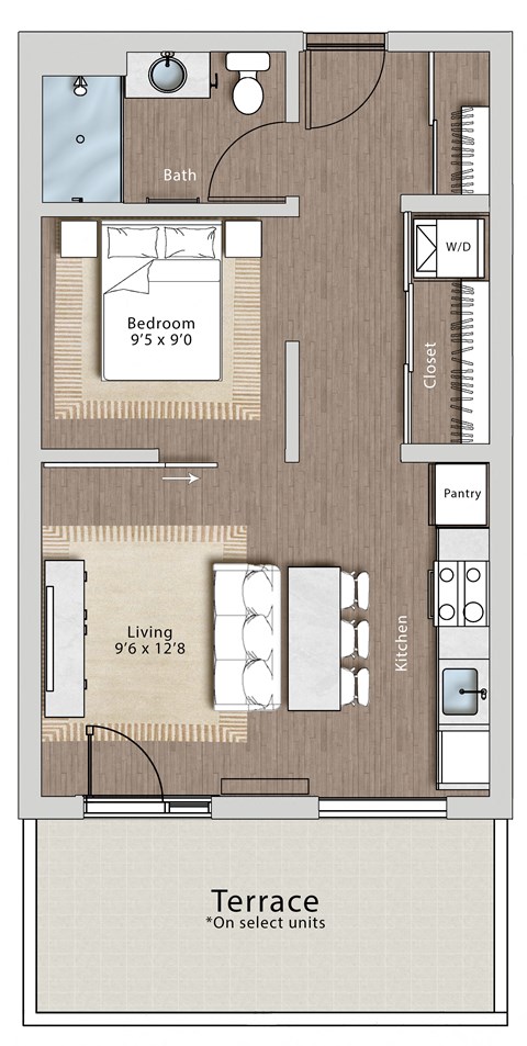 a floor plan of a home with a bedroom and a living room  at Sono Central Residential, Norwalk